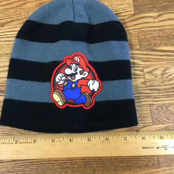 Nintendo Super Mario Knit Beanie Hat Black Gray Striped Winter Tube Cap One Size - Picture 3 of 4
